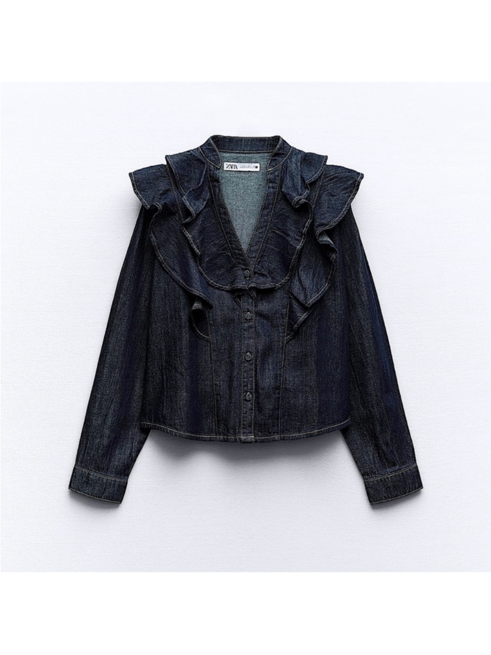 Zara Ruffled Denim Button-Down Top in Dark Blue